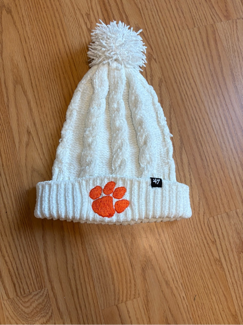 47 Cream Knit Pom Beanie with Orange Paw Patch
